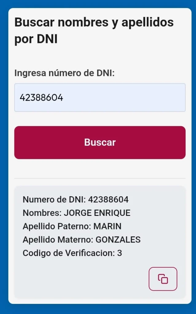 Buscar Nombre por DNI 1 Nombre por DNI